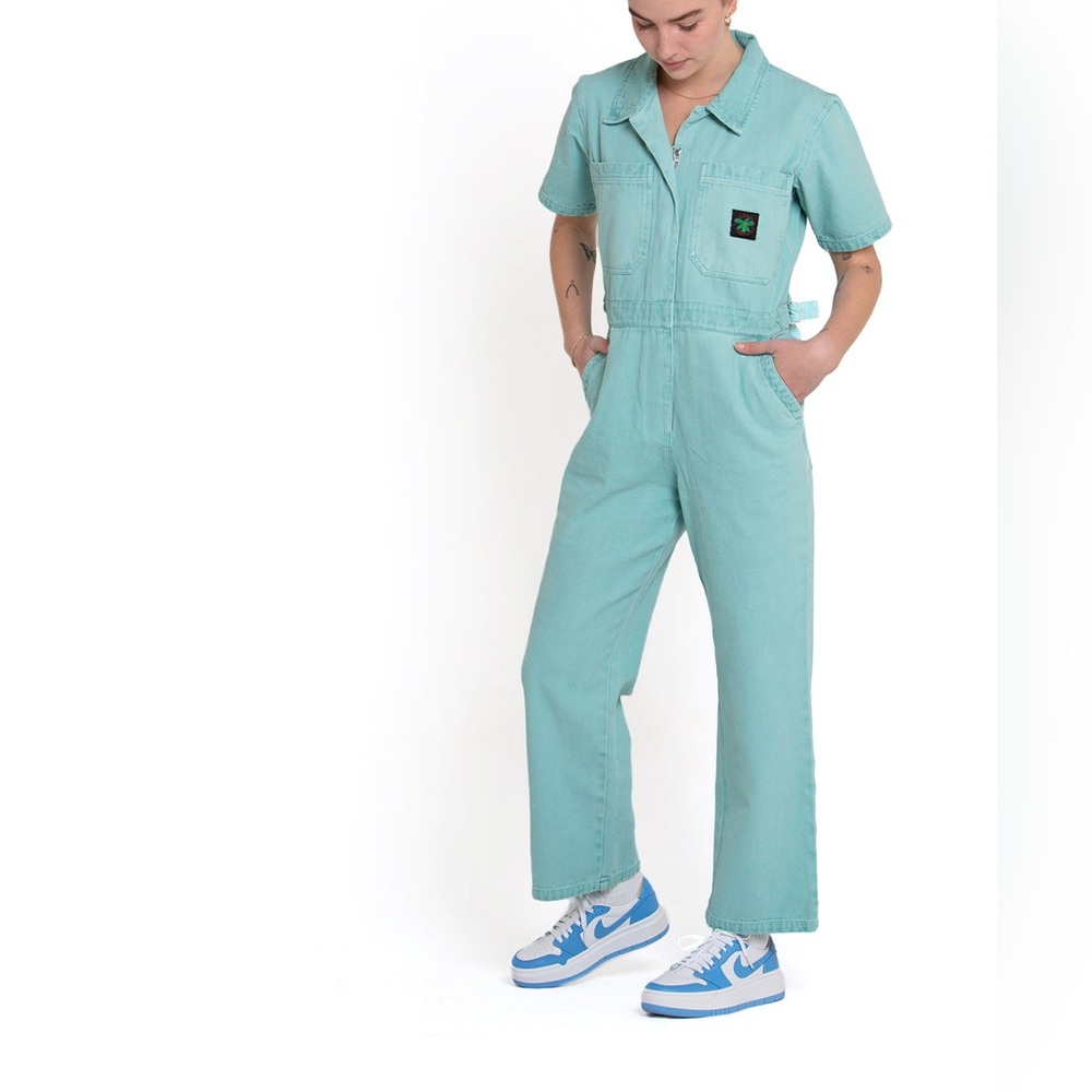 Women’s Aqua Blue Short-Sleeve Utility Jumpsuit